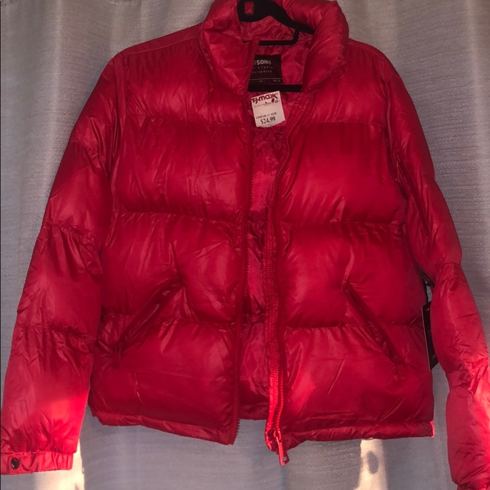 Red puffer snow jacket